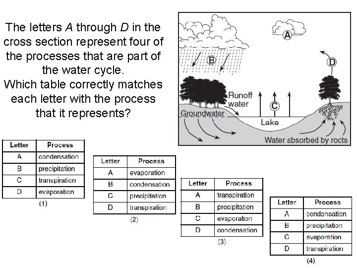 The letters A through D in the cross section represent four of the processes