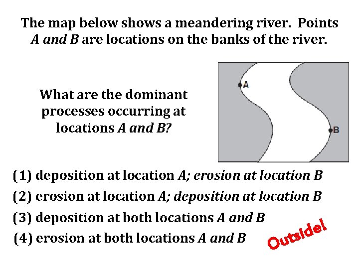 The map below shows a meandering river. Points A and B are locations on