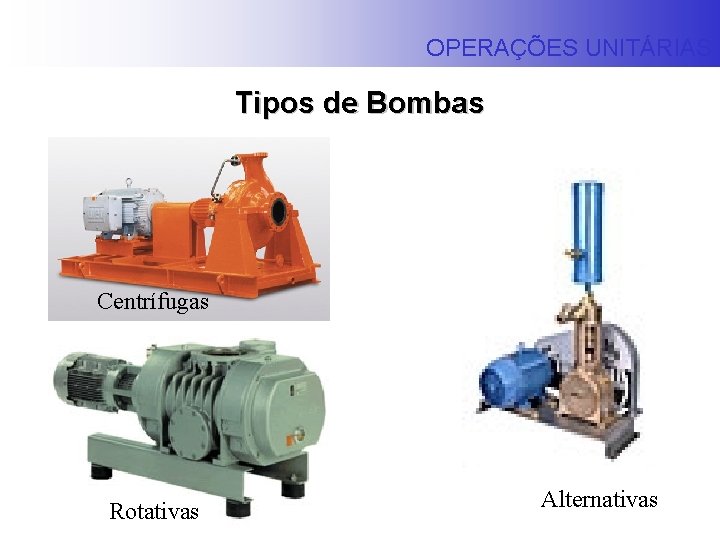OPERAÇÕES UNITÁRIAS Tipos de Bombas Centrífugas Rotativas Alternativas 