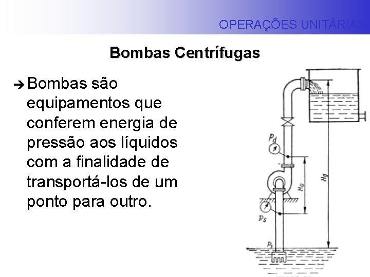 OPERAÇÕES UNITÁRIAS Bombas Centrífugas è Bombas são equipamentos que conferem energia de pressão aos