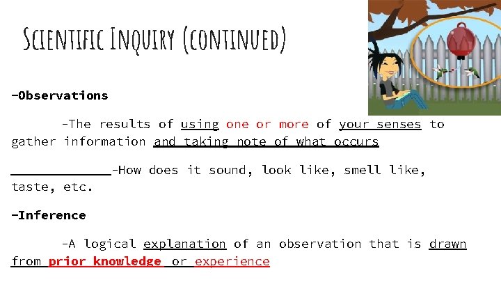 Scientific Inquiry (continued) -Observations -The results of using one or more of your senses
