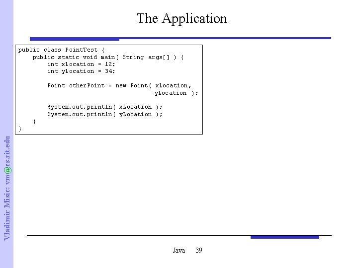 The Application public class Point. Test { public static void main( String args[] )