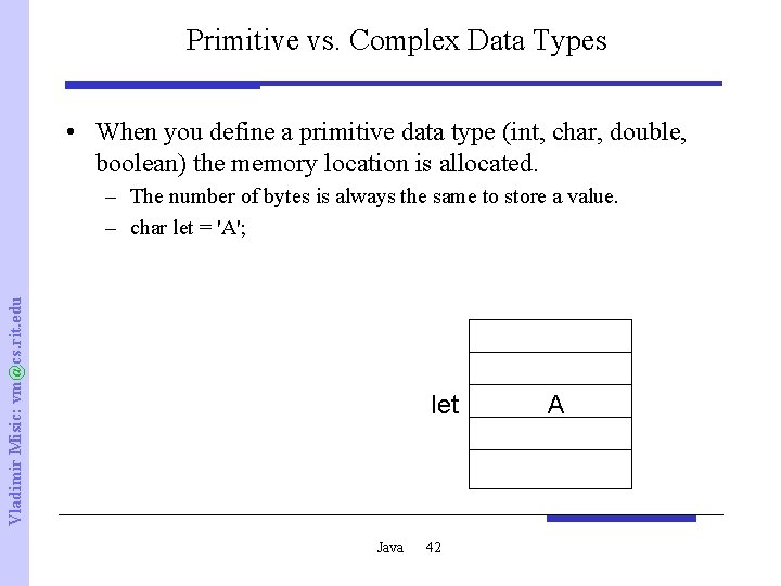 Primitive vs. Complex Data Types • When you define a primitive data type (int,