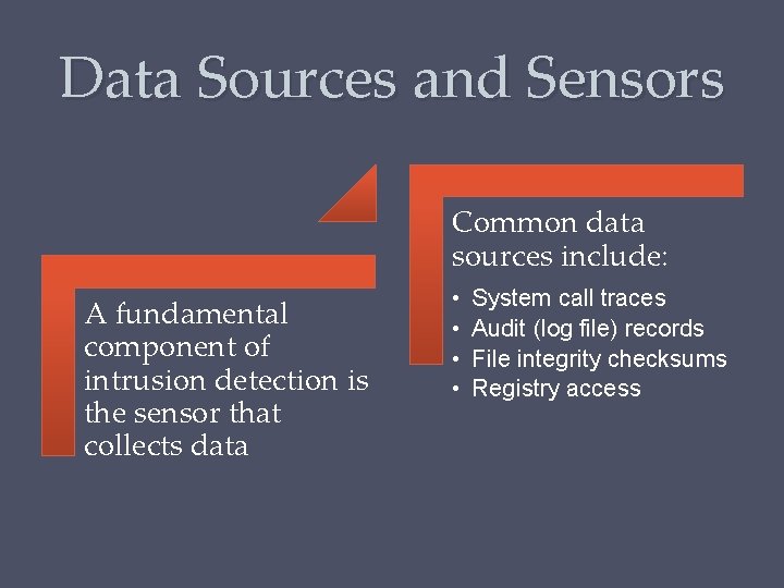 Data Sources and Sensors Common data sources include: A fundamental component of intrusion detection