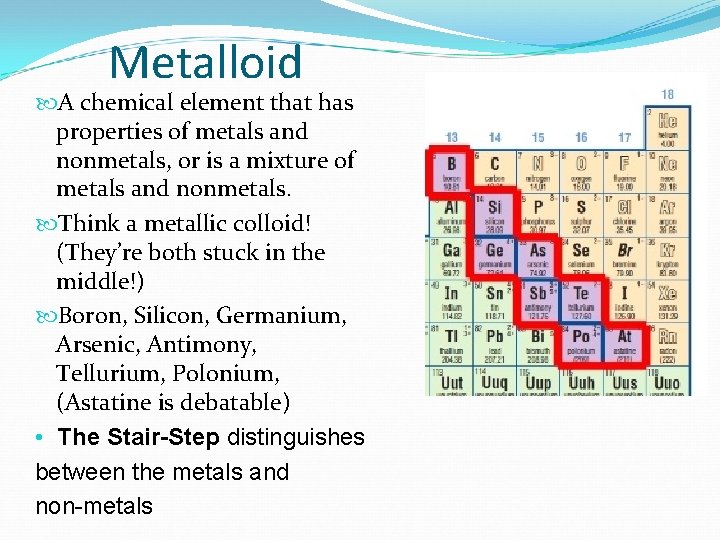 Metalloid A chemical element that has properties of metals and nonmetals, or is a
