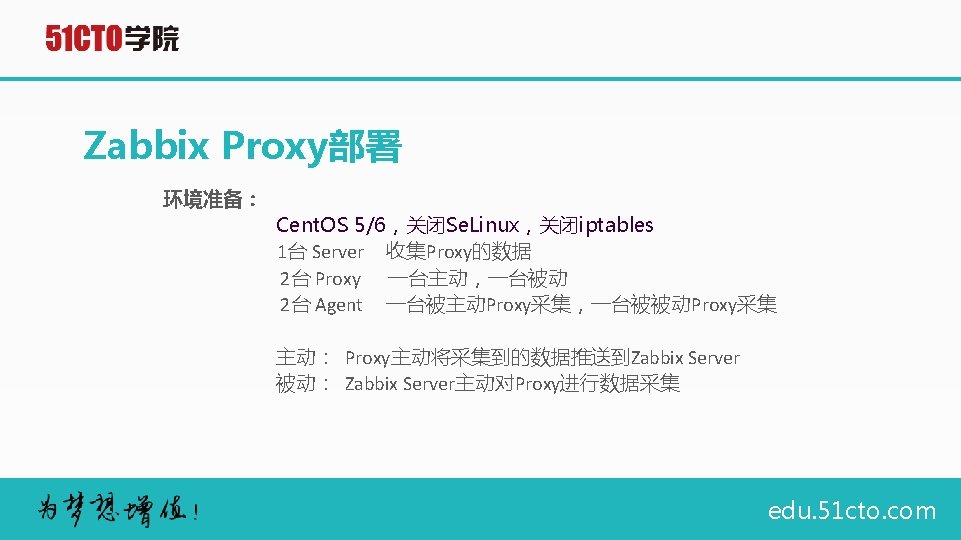 Zabbix Proxy部署 环境准备： Cent. OS 5/6，关闭Se. Linux，关闭iptables 1台 Server 收集Proxy的数据 2台 Proxy 一台主动，一台被动 2台
