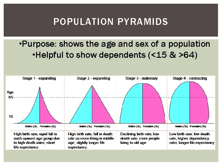 POPULATION PYRAMIDS • Purpose: shows the age and sex of a population • Helpful