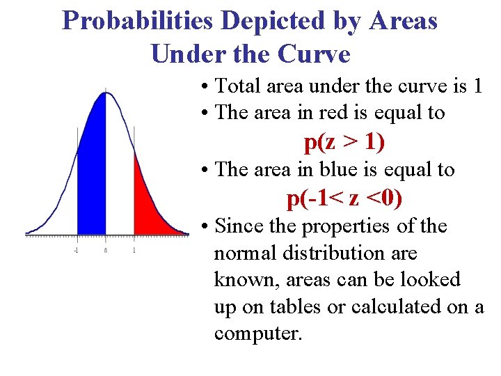 Probabilities Depicted by Areas Under the Curve • Total area under the curve is