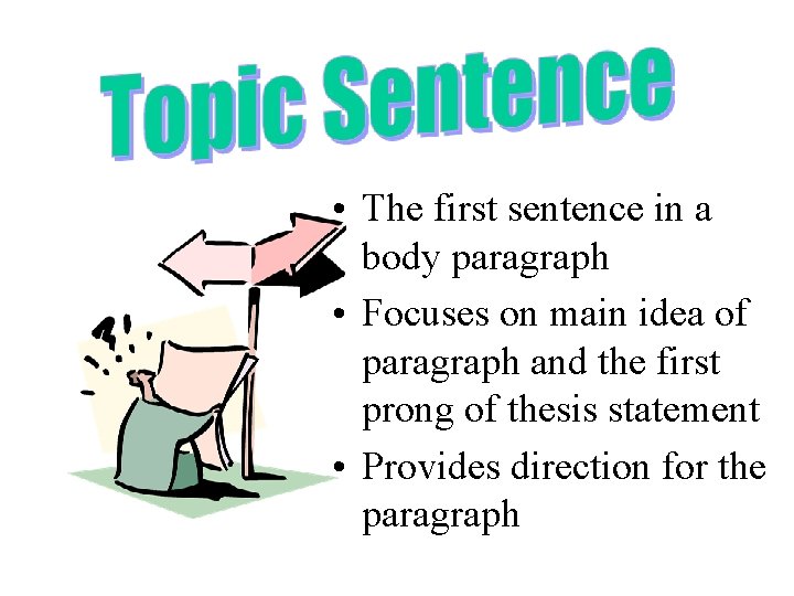  • The first sentence in a body paragraph • Focuses on main idea