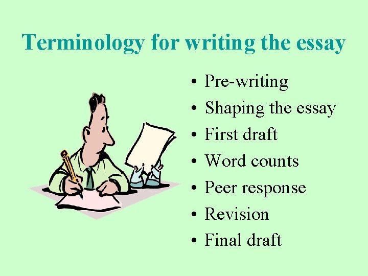 Terminology for writing the essay • • Pre-writing Shaping the essay First draft Word