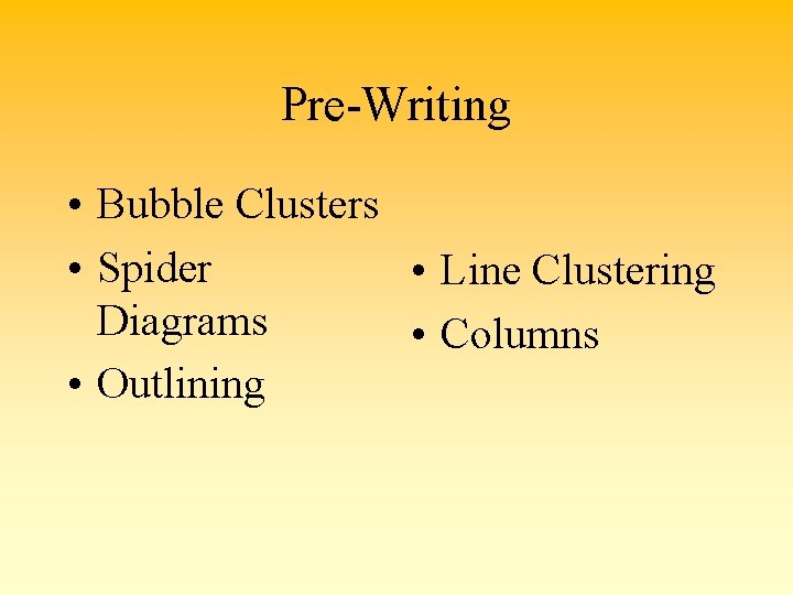 Pre-Writing • Bubble Clusters • Spider • Line Clustering Diagrams • Columns • Outlining