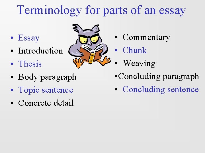 Terminology for parts of an essay • • • Essay Introduction Thesis Body paragraph