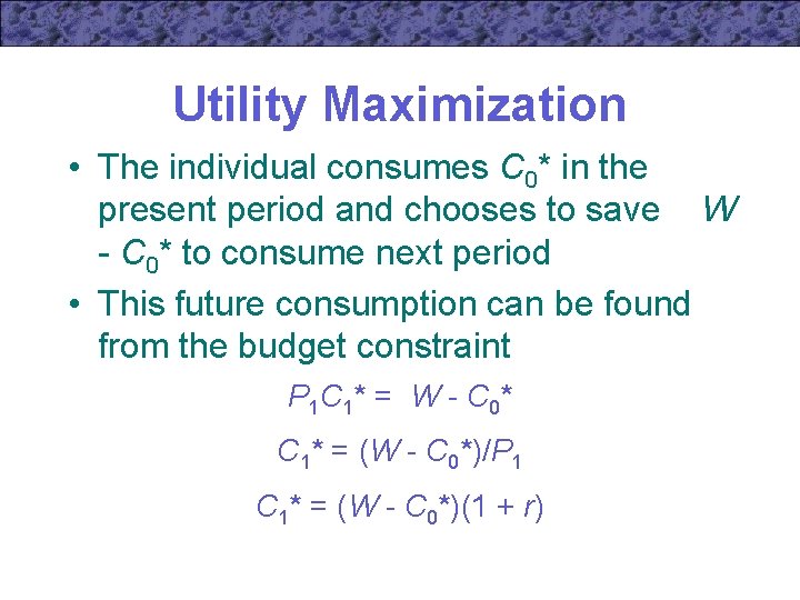 Utility Maximization • The individual consumes C 0* in the present period and chooses