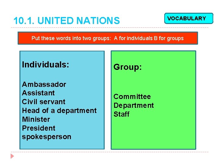 10. 1. UNITED NATIONS VOCABULARY Put these words into two groups: A for individuals