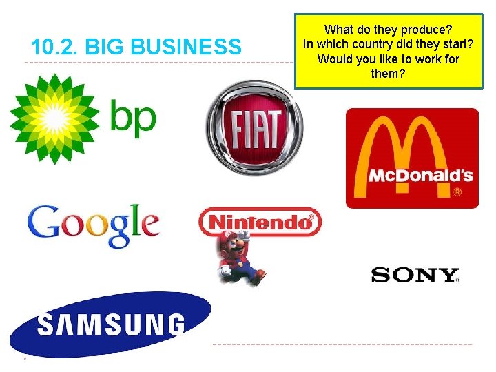 10. 2. BIG BUSINESS What do they produce? In which country. SPEAKING did they