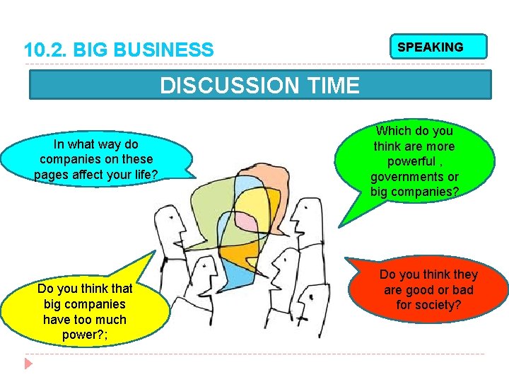 10. 2. BIG BUSINESS SPEAKING DISCUSSION TIME In what way do companies on these