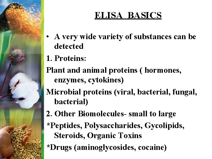 ELISA BASICS • A very wide variety of substances can be detected 1. Proteins: