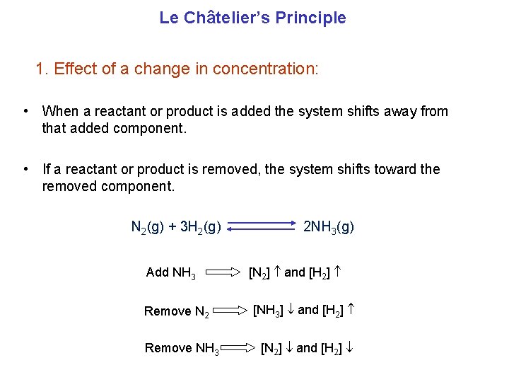 Le Châtelier’s Principle 1. Effect of a change in concentration: • When a reactant
