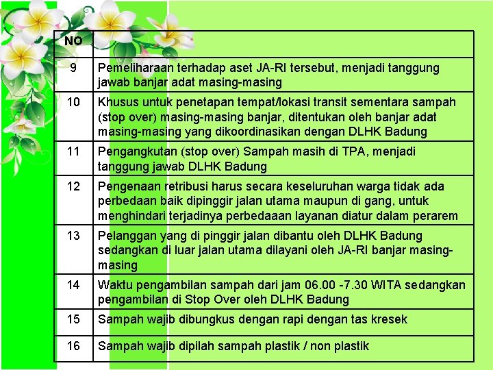 NO 9 Pemeliharaan terhadap aset JA-RI tersebut, menjadi tanggung jawab banjar adat masing-masing 10