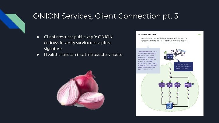 ONION Services, Client Connection pt. 3 ● ● Client now uses public key in