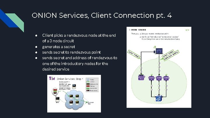ONION Services, Client Connection pt. 4 ● ● Client picks a rendezvous node at