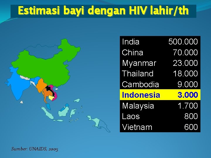 Estimasi bayi dengan HIV lahir/th India China Myanmar Thailand Cambodia Indonesia Malaysia Laos Vietnam