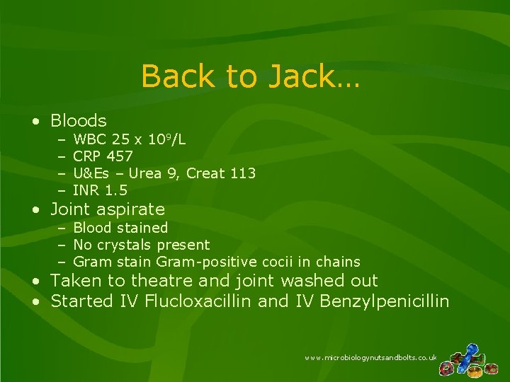 Back to Jack… • Bloods – – WBC 25 x 109/L CRP 457 U&Es