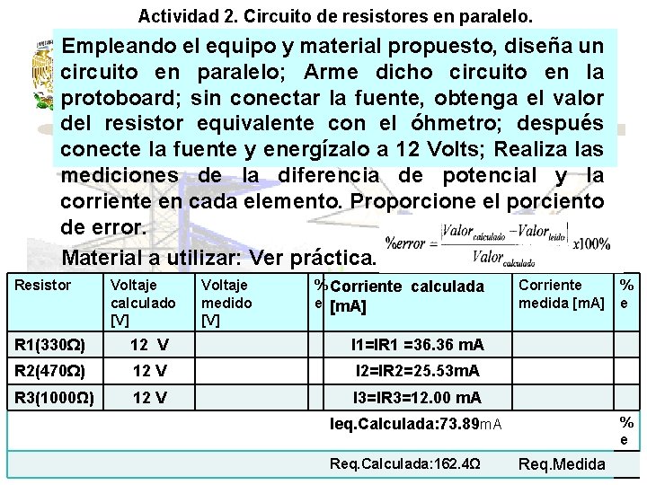 Actividad 2. Circuito de resistores en paralelo. Empleando el equipo y material propuesto, diseña