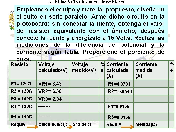 Actividad 3 Circuito mixto de resistores Empleando el equipo y material propuesto, diseña un