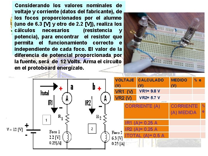 Considerando los valores nominales de voltaje y corriente (datos del fabricante), de los focos
