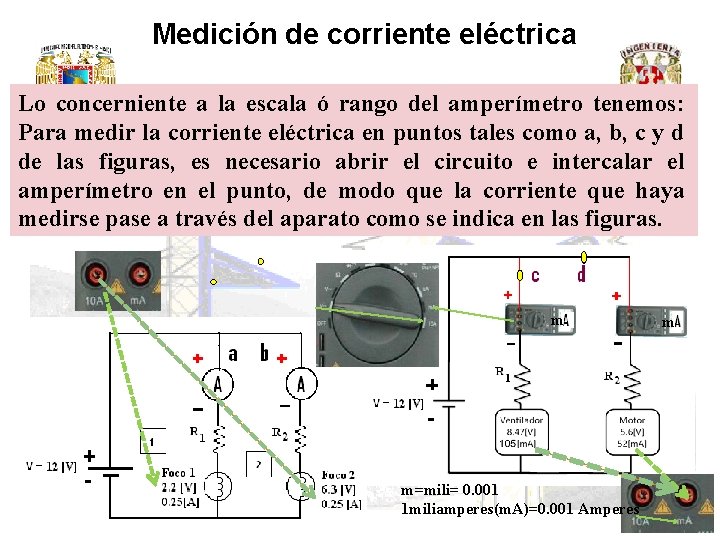 Medición de corriente eléctrica Lo concerniente a la escala ó rango del amperímetro tenemos: