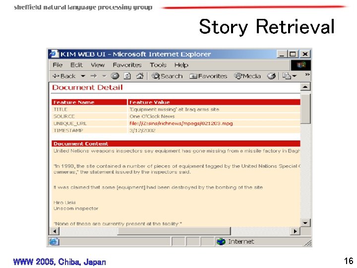 Story Retrieval WWW 2005, Chiba, Japan 16 