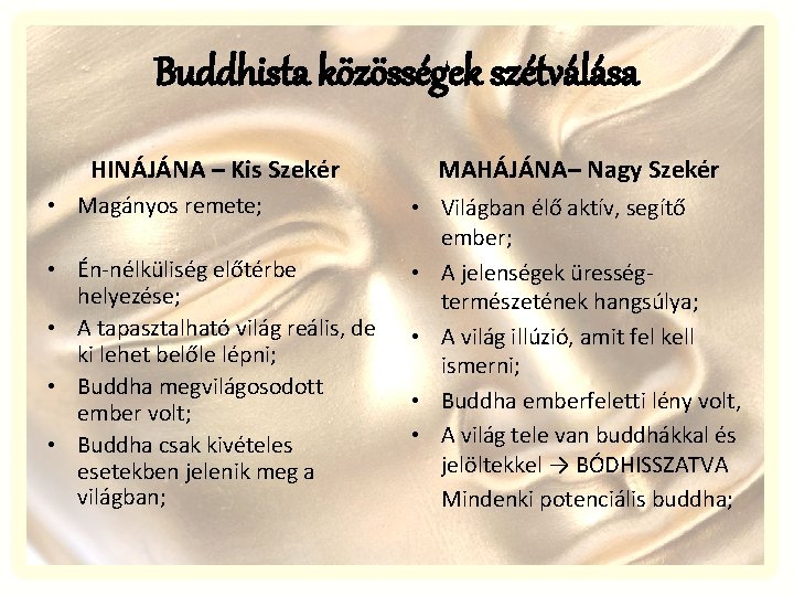 Buddhista közösségek szétválása HINÁJÁNA – Kis Szekér • Magányos remete; • Én-nélküliség előtérbe helyezése;