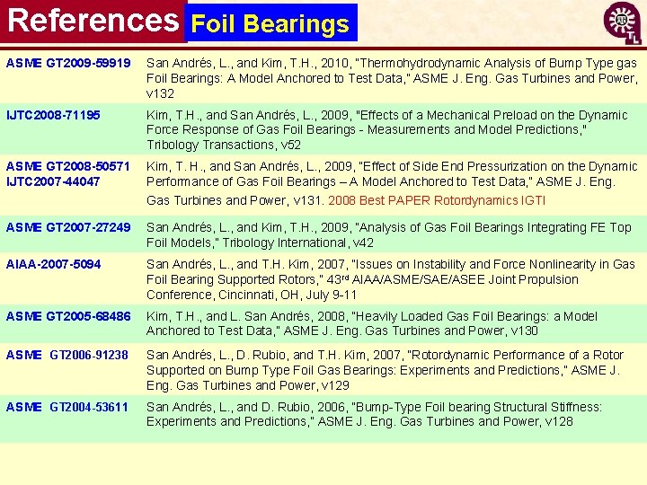 References Foil Bearings ASME GT 2009 -59919 San Andrés, L. , and Kim, T.