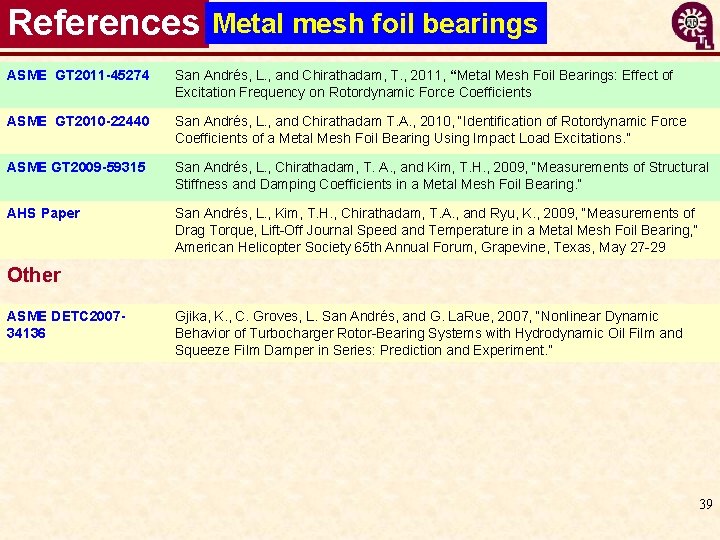 References Metal mesh foil bearings ASME GT 2011 -45274 San Andrés, L. , and