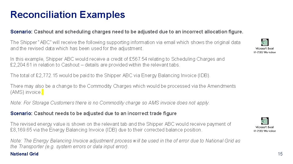 Reconciliation Examples Scenario: Cashout and scheduling charges need to be adjusted due to an