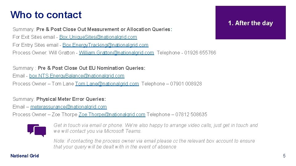 Who to contact 1. After the day Summary: Pre & Post Close Out Measurement
