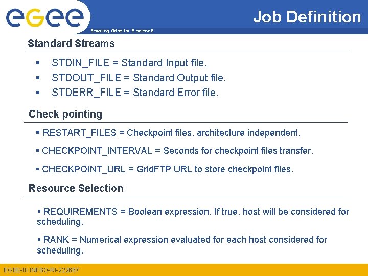 Job Definition Enabling Grids for E-scienc. E Standard Streams § § § STDIN_FILE =