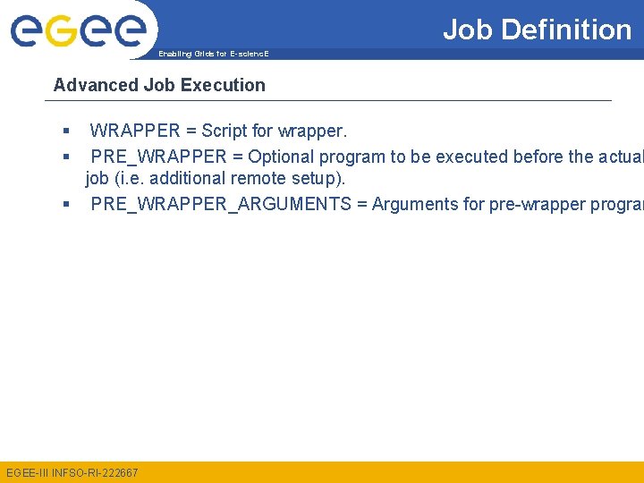 Job Definition Enabling Grids for E-scienc. E Advanced Job Execution § § WRAPPER =