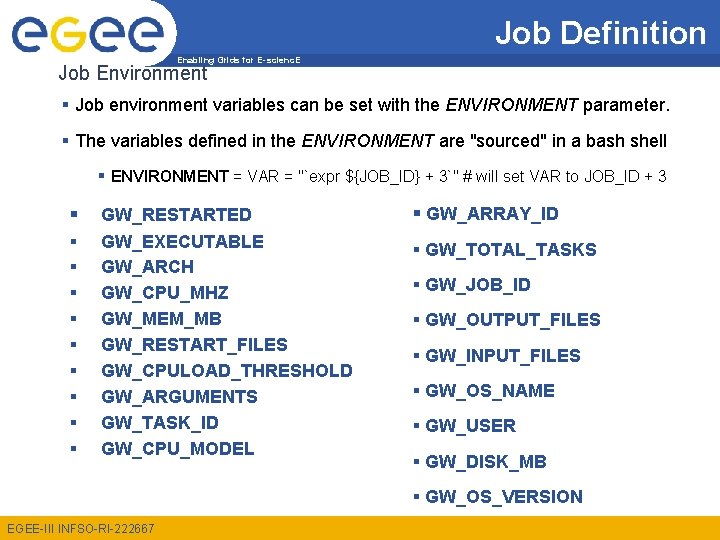 Job Definition Enabling Grids for E-scienc. E Job Environment § Job environment variables can