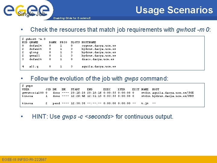 Usage Scenarios Single Job • Enabling Grids for E-scienc. E Check the resources that