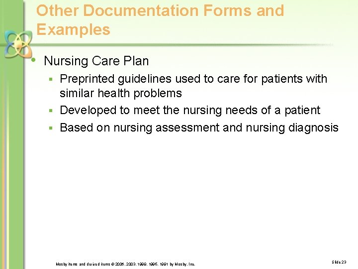 Other Documentation Forms and Examples • Nursing Care Plan Preprinted guidelines used to care