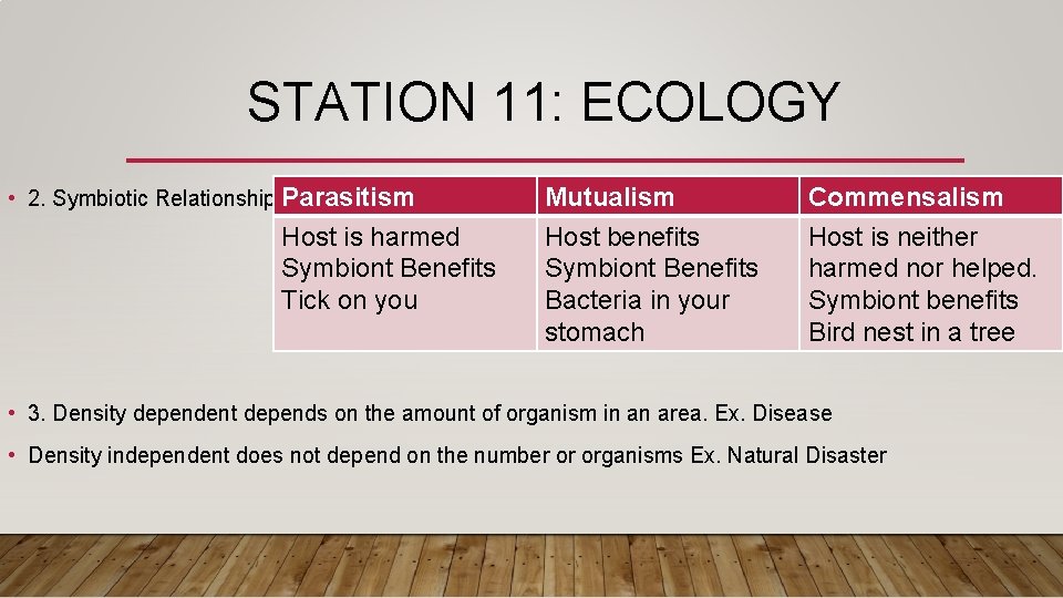 STATION 11: ECOLOGY • 2. Symbiotic Relationships. Parasitism Host is harmed Symbiont Benefits Tick