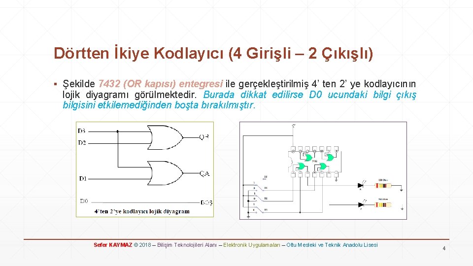 Dörtten İkiye Kodlayıcı (4 Girişli – 2 Çıkışlı) ▪ Şekilde 7432 (OR kapısı) entegresi