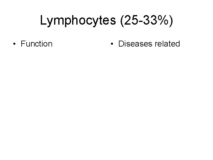 Lymphocytes (25 -33%) • Function • Diseases related 