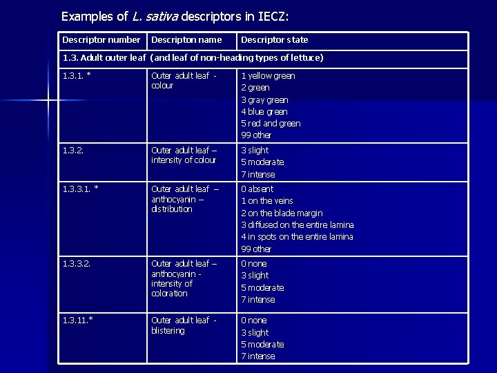 Examples of L. sativa descriptors in IECZ: Descriptor number Descripton name Descriptor state 1.