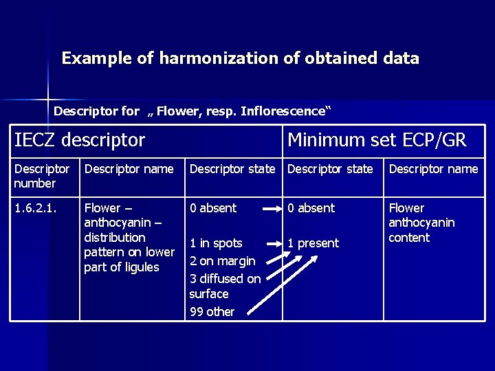 Example of harmonization of obtained data Descriptor for „ Flower, resp. Inflorescence“ IECZ descriptor