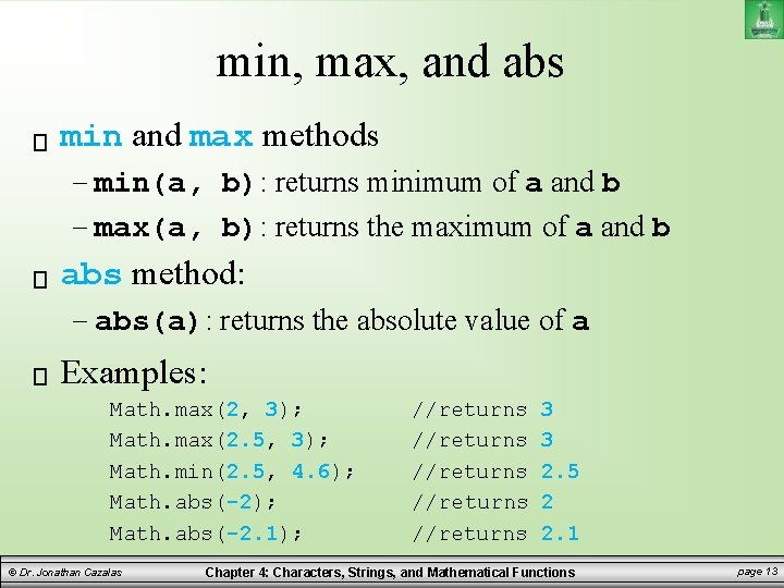 min, max, and abs min and max methods – min(a, b): returns minimum of min, max, and abs min and max methods – min(a, b): returns minimum of