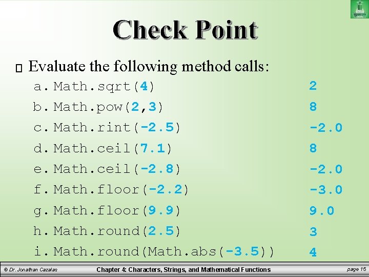 Evaluate the following method calls: a. Math. sqrt(4) b. Math. pow(2, 3) c. Math. Evaluate the following method calls: a. Math. sqrt(4) b. Math. pow(2, 3) c. Math.