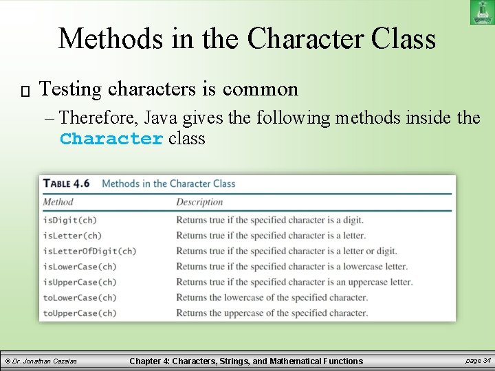 Methods in the Character Class Testing characters is common – Therefore, Java gives the Methods in the Character Class Testing characters is common – Therefore, Java gives the